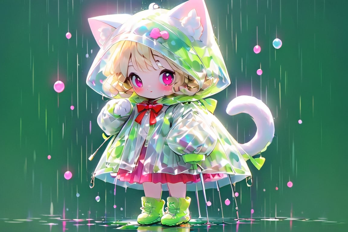 Blonde girls,holding umbrella,short hair,red eyes,long red eyelashes,red lips,wearing a red snow hat with a white fur ball on the top,a purple starfish on the hat,white fur on the edge of the hat,and a red coat,coat with gold buttons,green skirt,green bow on the neck,green sneakers,gold laces, no gloves,singing in front of microphone,sleeping furry white cat audience,white cat wearing a pink bow on head,surrounded by bubbles,shining point,concert,colorful stage lighting,no people,Tetris game background