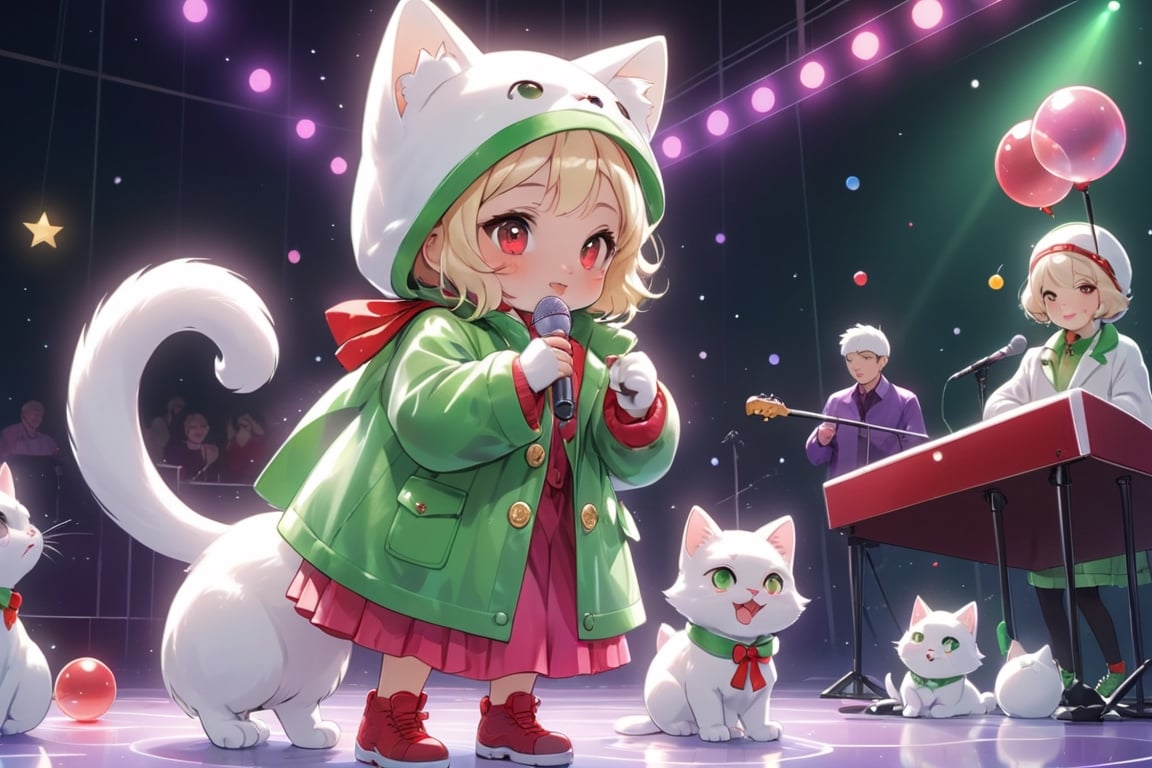 Blonde girl,singing,playing electric guitar,short hair,red eyes,long red eyelashes,red lips,wearing a red snow hat with a white fur ball on the top,a purple starfish on the hat,white fur on the edge of the hat,and a red coat,coat with gold buttons,green skirt,green bow on the neck,green sneakers,gold laces, no gloves,singing in front of microphone,sleeping furry white cat audience,white cat wearing a pink bow on head,surrounded by bubbles,shining point,concert,colorful stage lighting,no people,Tetris game background,anime