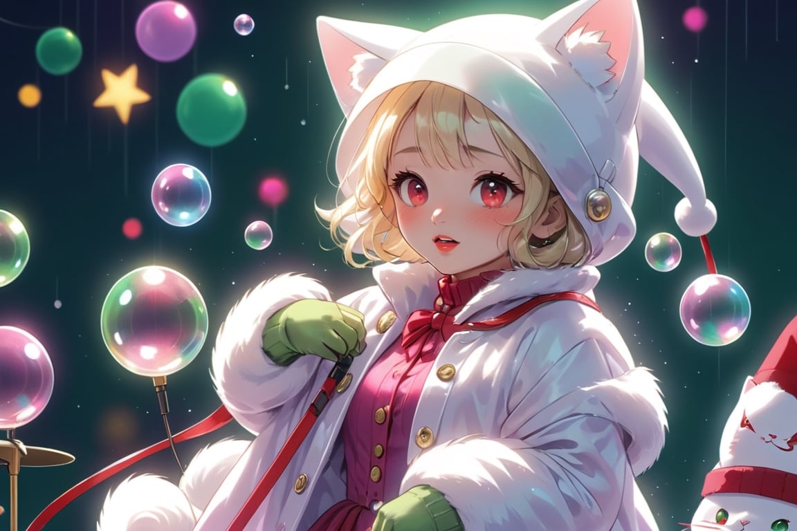 Blonde girl,singing,playing electric guitar,short hair,red eyes,long red eyelashes,red lips,wearing a red snow hat with a white fur ball on the top,a purple starfish on the hat,white fur on the edge of the hat,and a red coat,coat with gold buttons,green skirt,green bow on the neck,green sneakers,gold laces, no gloves,singing in front of microphone,sleeping furry white cat audience,white cat wearing a pink bow on head,surrounded by bubbles,shining point,concert,colorful stage lighting,no people,Tetris game background,anime