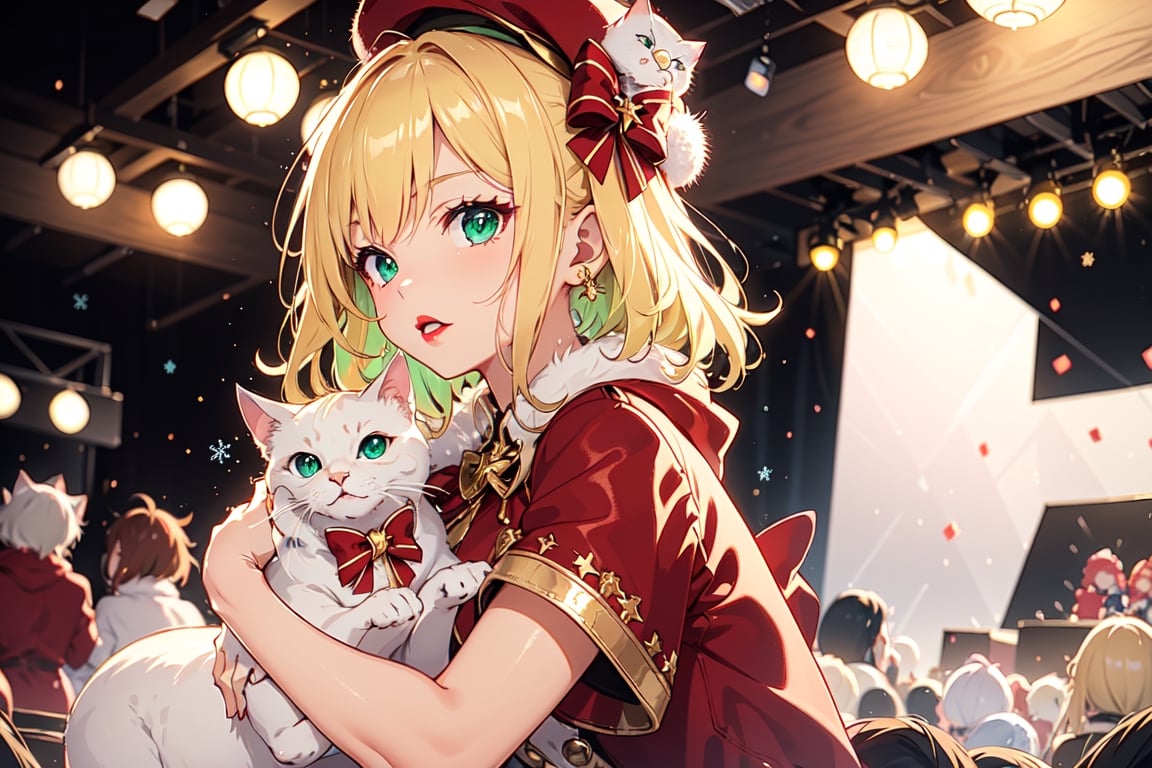 Blonde girl,short hair,ruby-like eyes,long red eyelashes,red lips, wearing a red snow hat with a white fur ball on the top,a purple starfish on the hat,white fur on the edge of the hat,and a red coat,coat with gold buttons,green skirt,green bow on the neck,green sneakers,gold laces, no gloves,singing in front of microphone,holding a sleeping furry white cat,white cat wearing a pink bow on its head,surrounded by bubbles,shining point,concert,colorful stage lighting,no people,Tetris game background