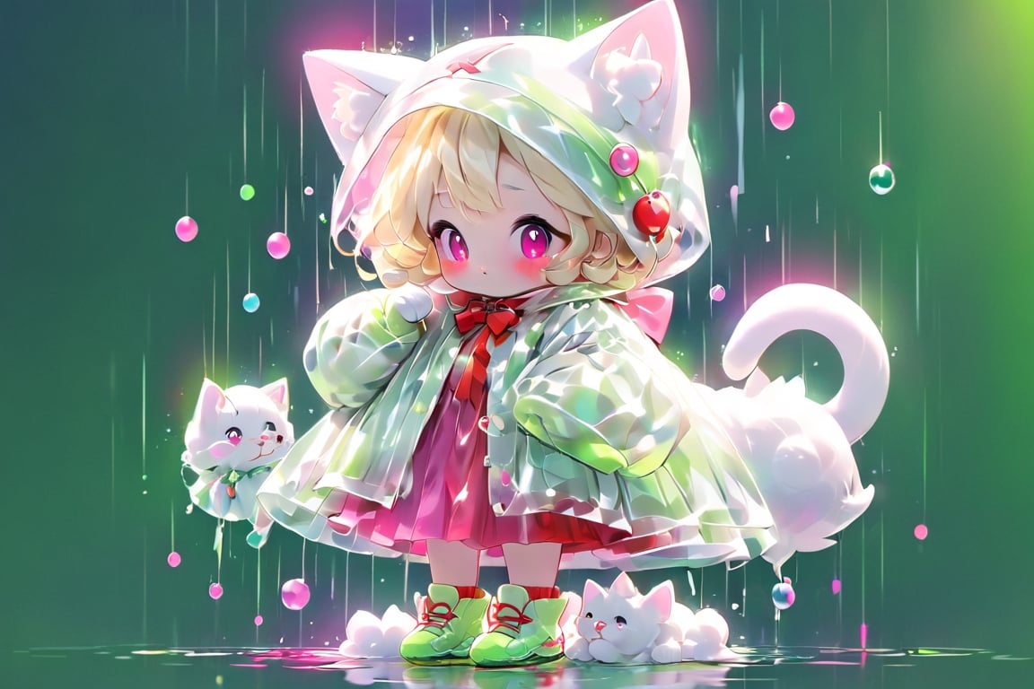 Blonde girl,play piano,short hair,red eyes,long red eyelashes,red lips,wearing a red snow hat with a white fur ball on the top,a purple starfish on the hat,white fur on the edge of the hat,and a red coat,coat with gold buttons,green skirt,green bow on the neck,green sneakers,gold laces, no gloves,singing in front of microphone,sleeping furry white cat audience,white cat wearing a pink bow on head,surrounded by bubbles,shining point,concert,colorful stage lighting,no people,Tetris game background