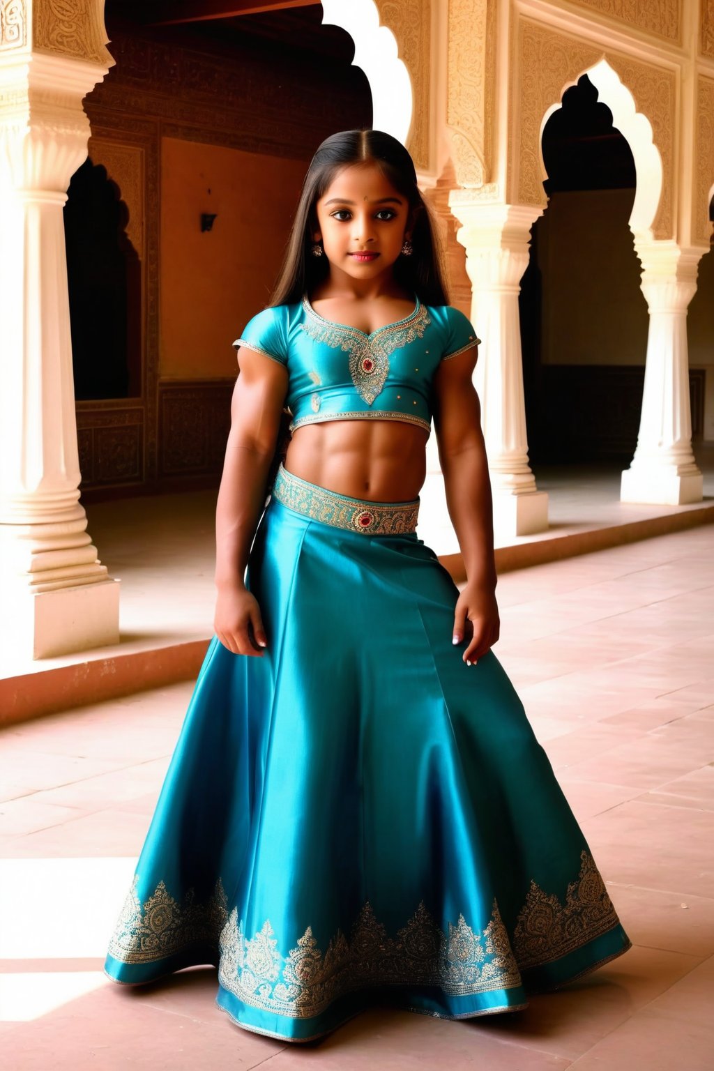 In this scene, the very muscular 10 year old Indian model bodybuilder is captured against a backdrop of a traditional Indian palace. She is dressed in a regal lehenga choli, ((((slit skirt)))), the intricate embroidery and shimmering fabric reflecting the grandeur of her surroundings. Her posture is poised and graceful, her expression serene yet captivating. The sunlight filters through ornate windows, casting a warm glow on her features, highlighting her beauty and her muscles in this majestic setting. ,photorealistic