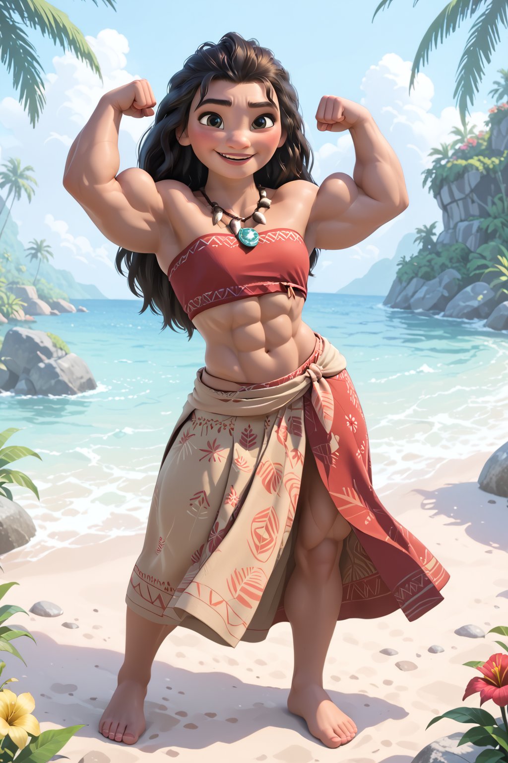 score_9,score_8_up,score_7_up, very muscular girl Moana, ((flat chest)), with a red off-the-shoulder crop top with tribal patterns, long beige grass skirt, (beige sarong) with yelow flower and tropical motif around the waist, short red sarong with tropical motif around the waist necklace with blue and white stone pendant, barefoot, full body, very strong arms, very strong long legs, very strong calves, very strong pectorals, pretty face, fine face, flexing a single biceps, fine details, 8k