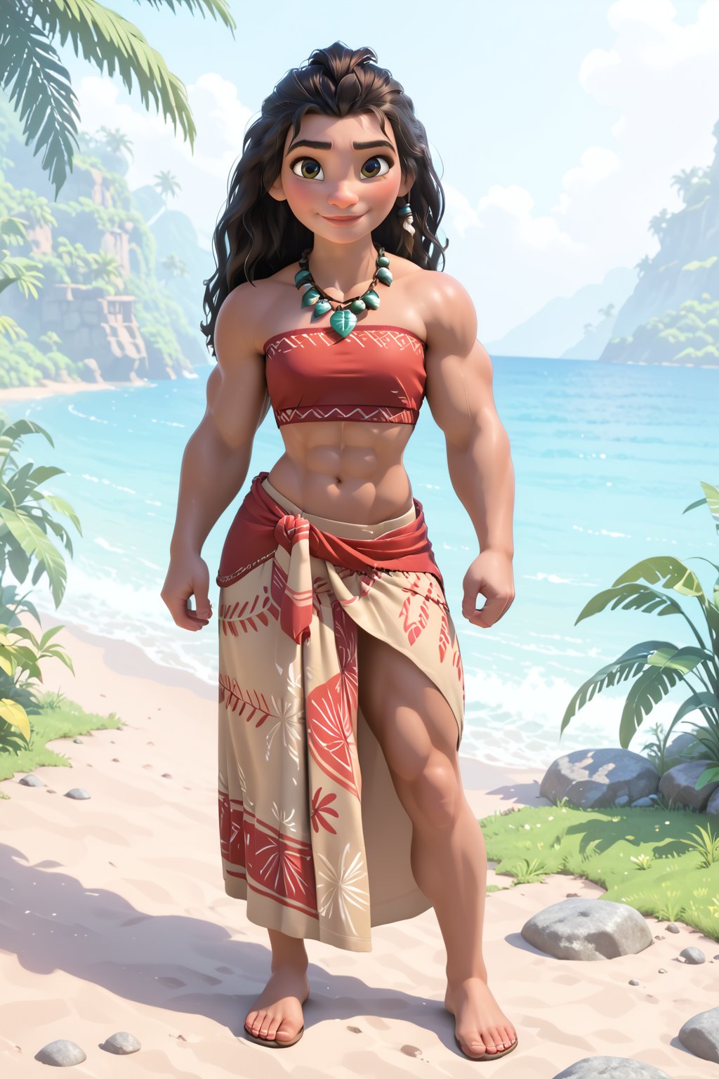 score_9,score_8_up,score_7_up, very muscular girl Moana, ((flat chest)), with a red off-the-shoulder crop top with tribal patterns, knee-length beige grass skirt, ((long beige sarong)) with yelow flower and tropical motif around the waist, short red sarong with tropical motif around the waist necklace with blue and white stone pendant, barefoot, full body, very strong arms, very strong long legs, very strong calves, very strong pectorals, pretty face, fine face, fine details, 8k