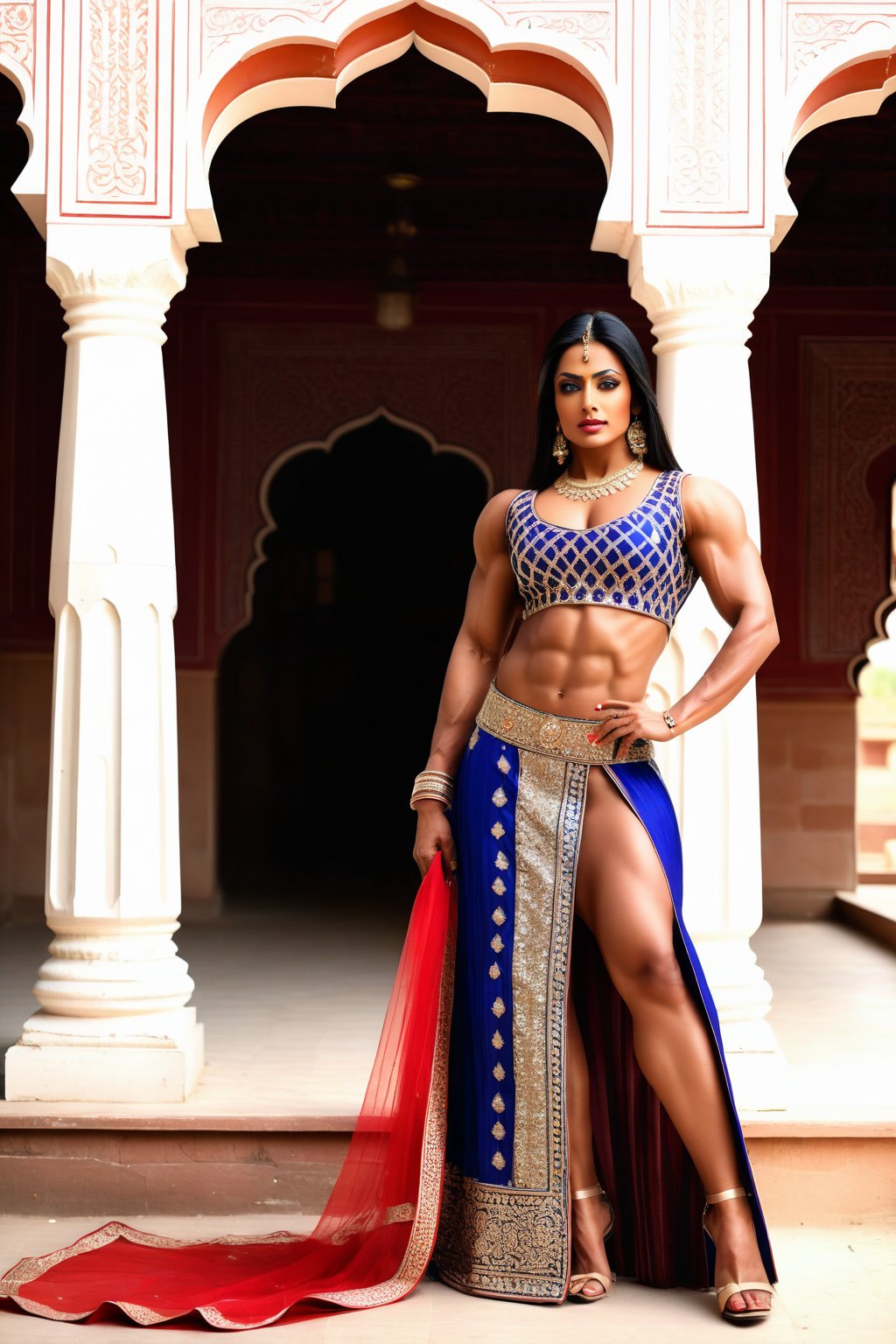 In this scene, the very muscular Indian model bodybuilder is captured against a backdrop of a traditional Indian palace. She is dressed in a regal lehenga choli, ((((slit skirt)))), the intricate embroidery and shimmering fabric reflecting the grandeur of her surroundings. Her posture is poised and graceful, her expression serene yet captivating. The sunlight filters through ornate windows, casting a warm glow on her features, highlighting her beauty and her muscles in this majestic setting. ,photorealistic