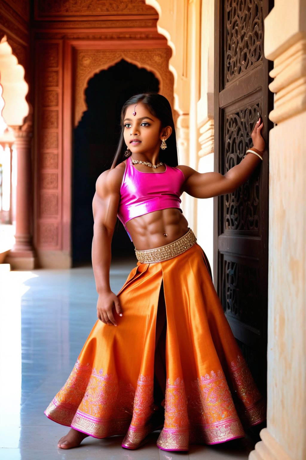 In this scene, the very muscular 10 year old Indian model bodybuilder is captured against a backdrop of a traditional Indian palace. She is dressed in a regal lehenga choli, ((((slit skirt)))), the intricate embroidery and shimmering fabric reflecting the grandeur of her surroundings. Her posture is poised and graceful, her expression serene yet captivating. The sunlight filters through ornate windows, casting a warm glow on her features, highlighting her beauty and her muscles in this majestic setting. ,photorealistic