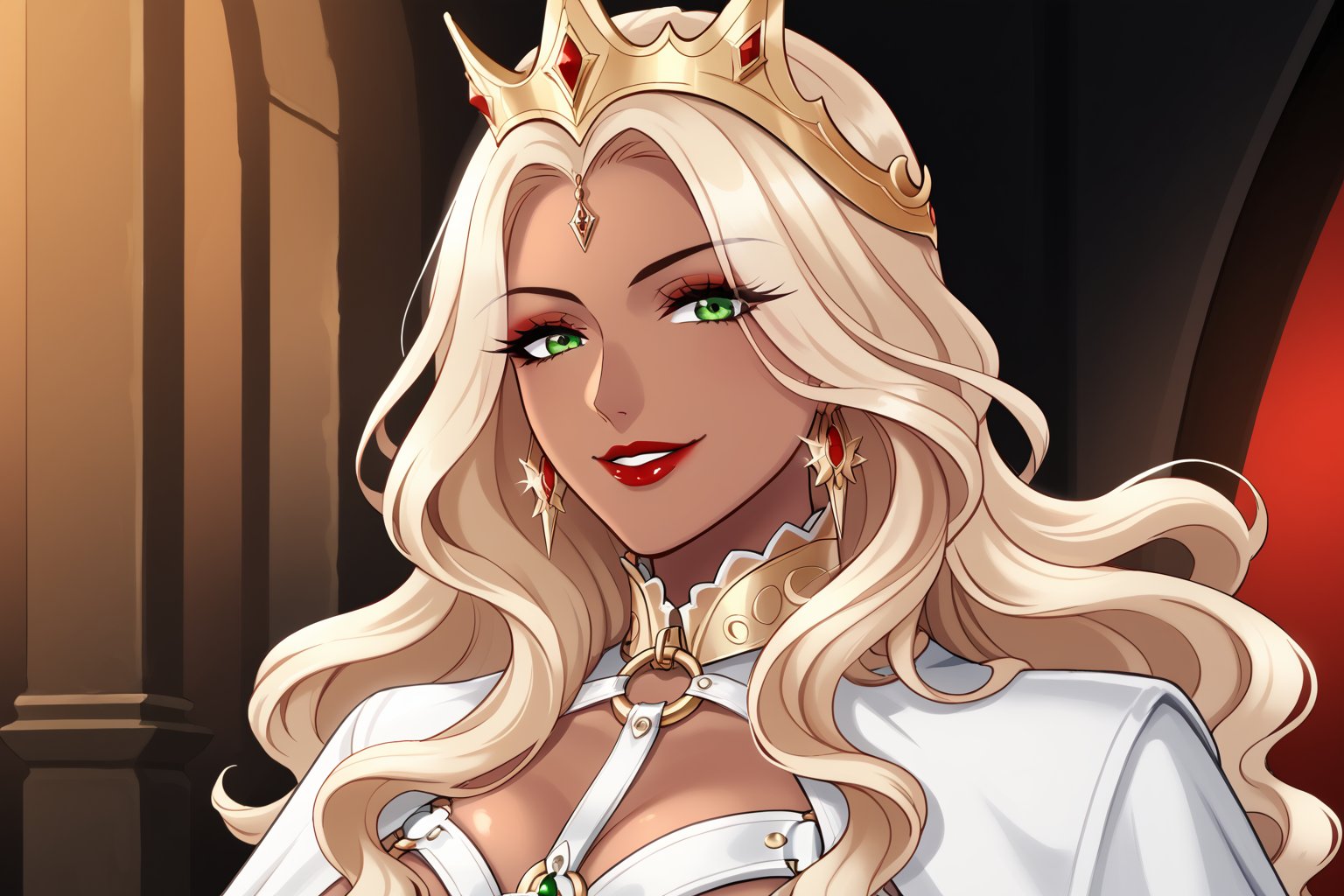 Only 1 Girl, mature female, semi realism, perfect face, long ashe blonde wavy hair, tanned skin, green eyes, red lips, makeup, collar, evil smile, dark aesthetic, white harness dress clothes, long white cloak, crown, 