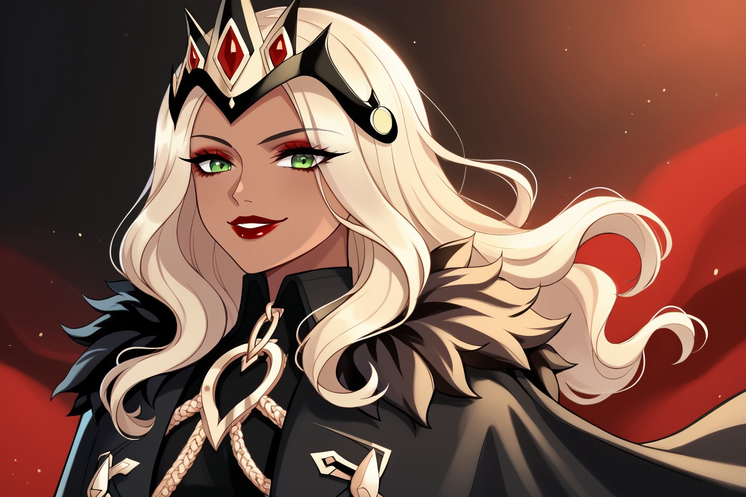 Only 1 Girl, female, semi realism, perfect face, long ashe blonde wavy hair, tanned skin, green eyes, red lips, makeup, collar, evil smile, dark aesthetic, harness dress clothes, long white cloak, crown