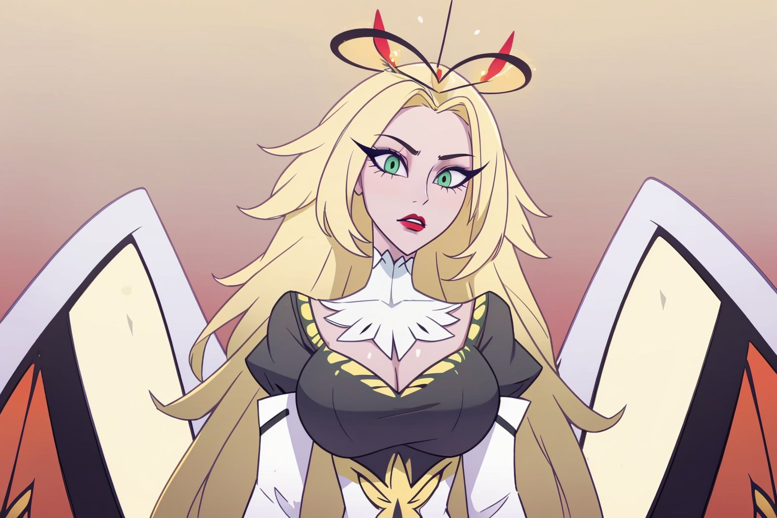 ((masterpiece, best quality, 1girl, solo)), long wavy gold blonde hair, heterochromia green and red eyes, butterfly wings and antennae, red lips, white skin,  hupper body, face view, dark thick eyelashes, dark and classy chic dress, happy, huge boobs,  demon butterfly, butterfly aesthetic,Lute, Adam, Cotton Candy, at the court, sitting
