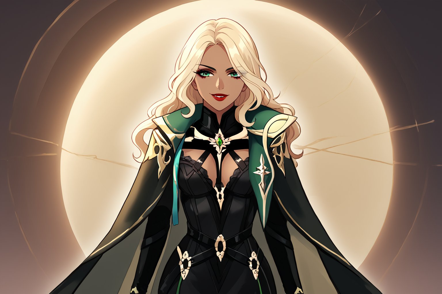 Only 1 Girl, female, semi realism, perfect face, long ashe blonde wavy hair, tanned skin, green eyes, red lips, makeup, collar, evil smile, dark aesthetic, harness dress clothes, long white cloak, face view