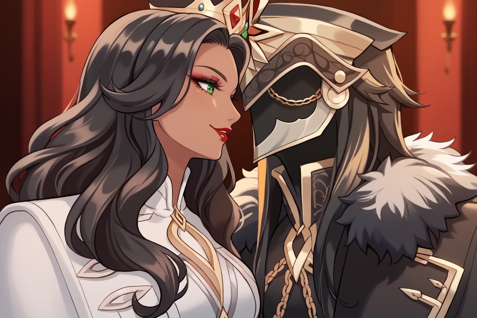 Only 1 Girl, mature female, semi realism, perfect face, long blonde wavy hair, tanned skin, green eyes, red lips, makeup, collar, evil smile, dark aesthetic, white harness dress clothes, long white cloak, crown,  closer view she is kissing Capitano that wear fur trim, gloves, helmet, black hair, long hair,  long sleeves, white cloak