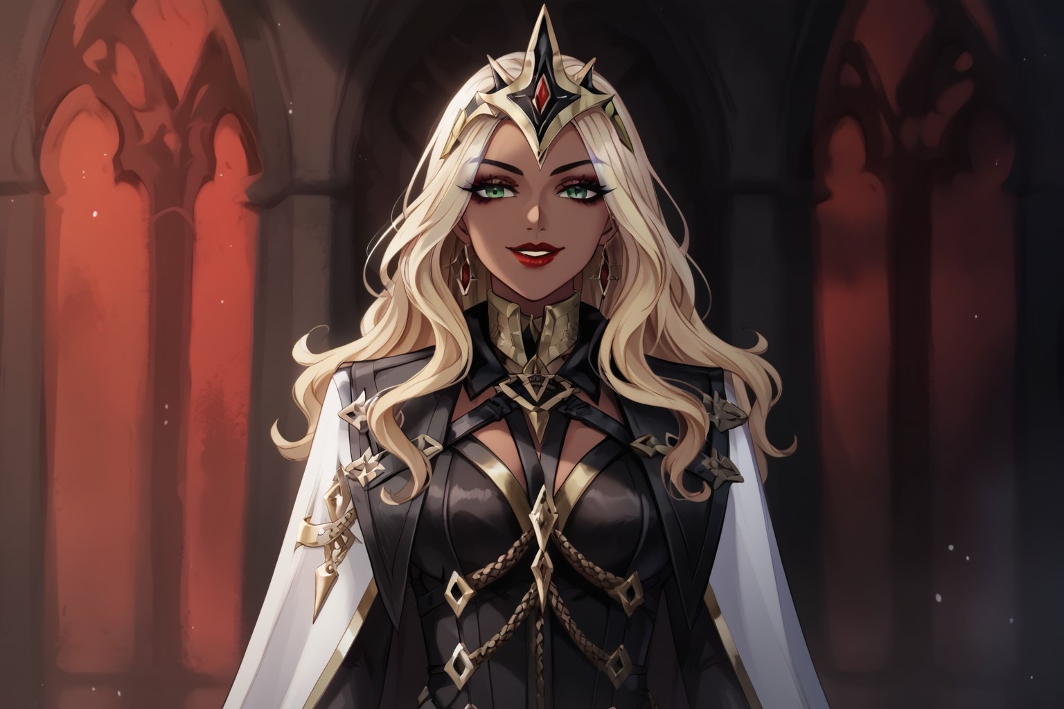 Only 1 Girl, female, semi realism, perfect face, long ashe blonde wavy hair, tanned skin, green eyes, red lips, makeup, collar, evil smile, dark aesthetic, harness dress clothes, long white cloak, crown