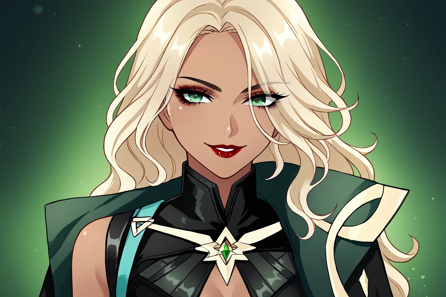 Only 1 Girl, female, semi realism, perfect face, long ashe blonde wavy hair, tanned skin, green eyes, red lips, makeup, collar, evil smile, dark aesthetic, harness dress clothes, long white cloak, face view