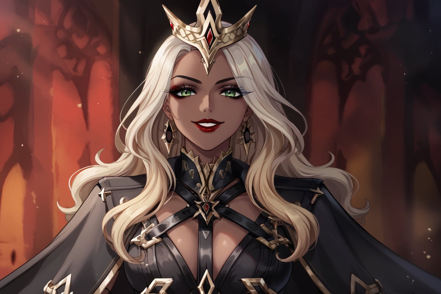 Only 1 Girl, female, semi realism, perfect face, long ashe blonde wavy hair, tanned skin, green eyes, red lips, makeup, collar, evil smile, dark aesthetic, harness dress clothes, long white cloak, crown