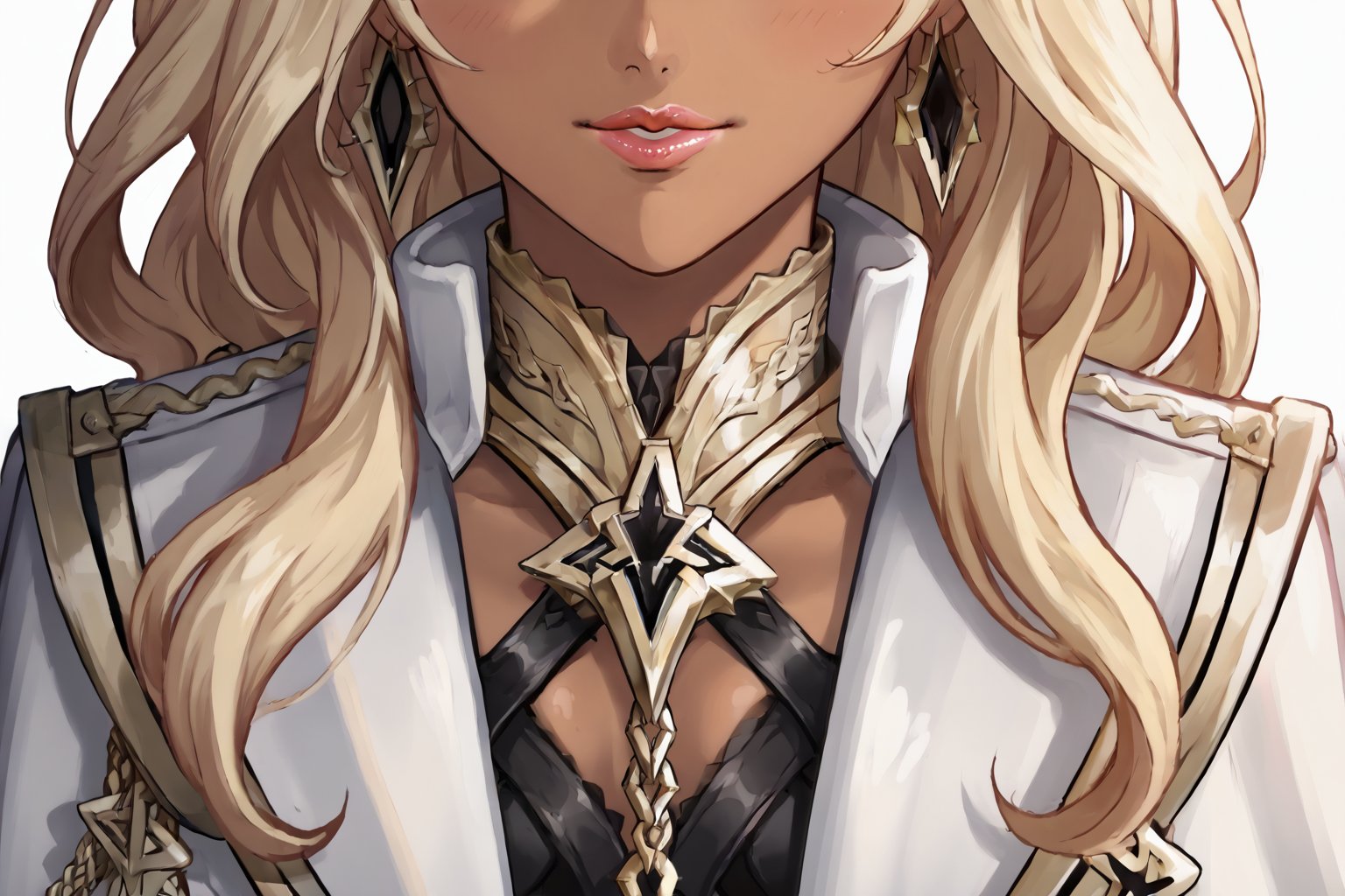 Only 1 Girl, female, semi realism, perfect cute face, long ashe blonde wavy hair, tanned skin, green eyes, pink lips, make-up, collar, harness dress clothes, long white cloak, crown, swordmaste, sexy view, Fatui Harbingers, close face view