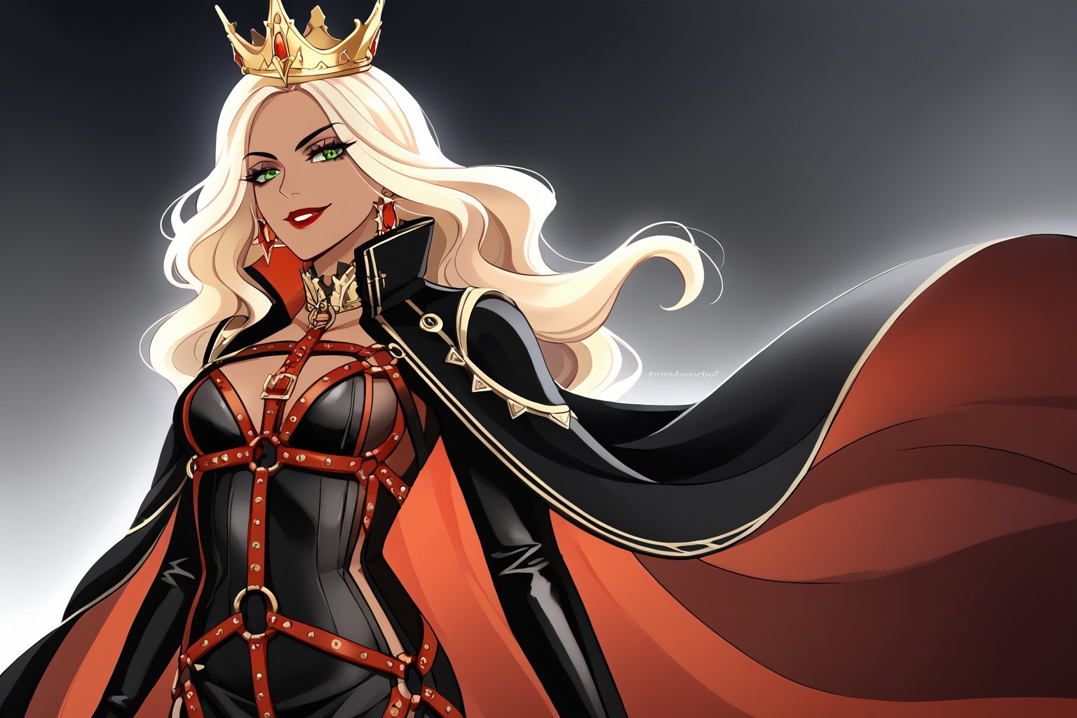 Only 1 Girl, female, semi realism, perfect face, long ashe blonde wavy hair, tanned skin, green eyes, red lips, makeup, collar, evil smile, dark aesthetic, harness dress clothes, long white cloak, crown