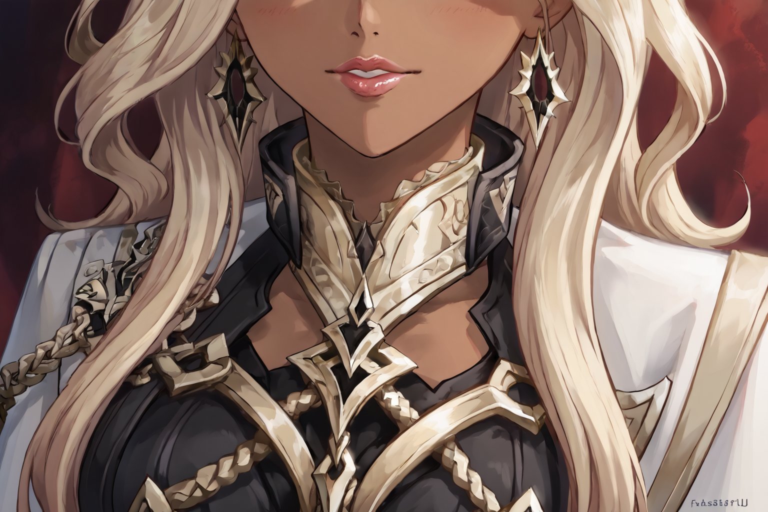 Only 1 Girl, female, semi realism, perfect cute face, long ashe blonde wavy hair, tanned skin, green eyes, pink lips, make-up, collar, harness dress clothes, long white cloak, crown, swordmaste, sexy view, Fatui Harbingers, close face view