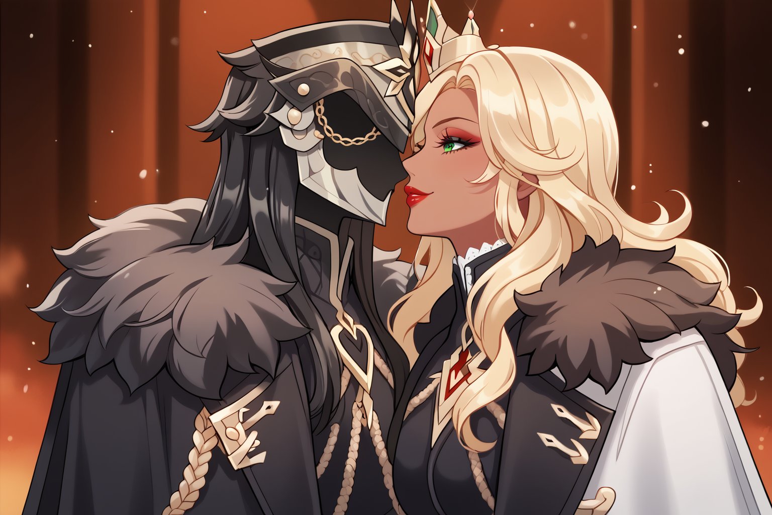 Only 1 Girl, mature female, semi realism, perfect face, long blonde wavy hair, tanned skin, green eyes, red lips, makeup, collar, evil smile, dark aesthetic, white harness dress clothes, long white cloak, crown,  closer view she is kissing Capitano that wear fur trim, gloves, helmet, black hair, long hair,  long sleeves, white cloak