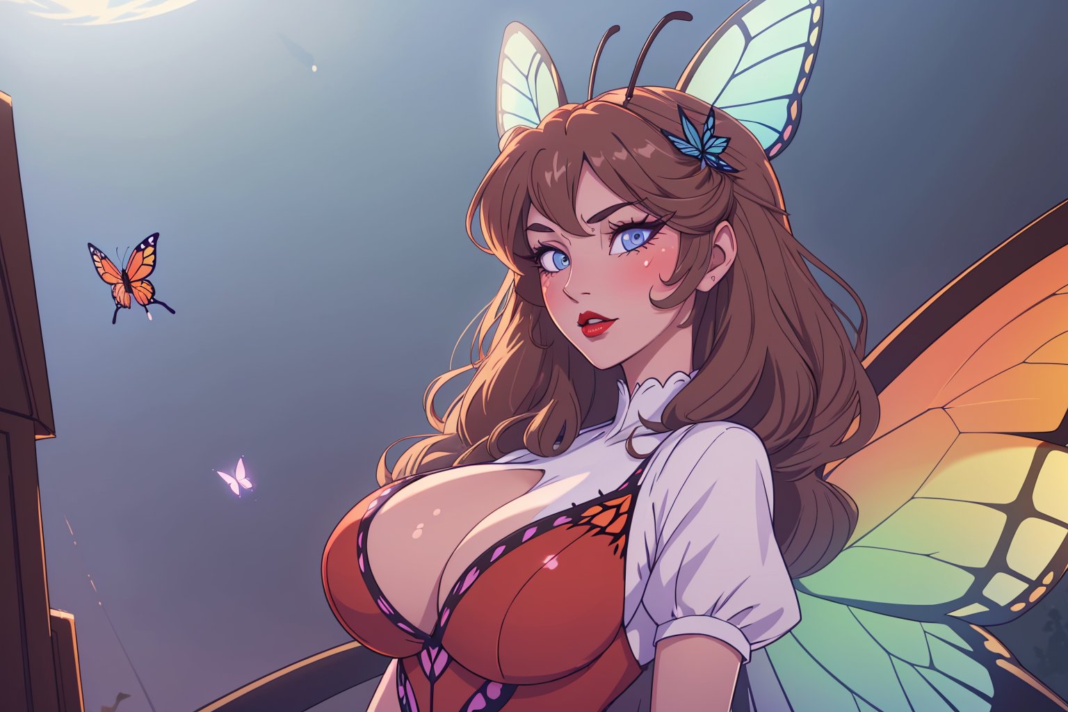 ((masterpiece, best quality, 1girl, solo)), short wavy dark light brown hair, light blue eyes, butterfly wings and antennae, red lips, white skin,  hupper body, face view,  thick eyelashes, red dress, happy,  long face, sharp jaw, huge boobs,  demon butterfly, butterfly aesthetic; Cotton Candy, Alastor