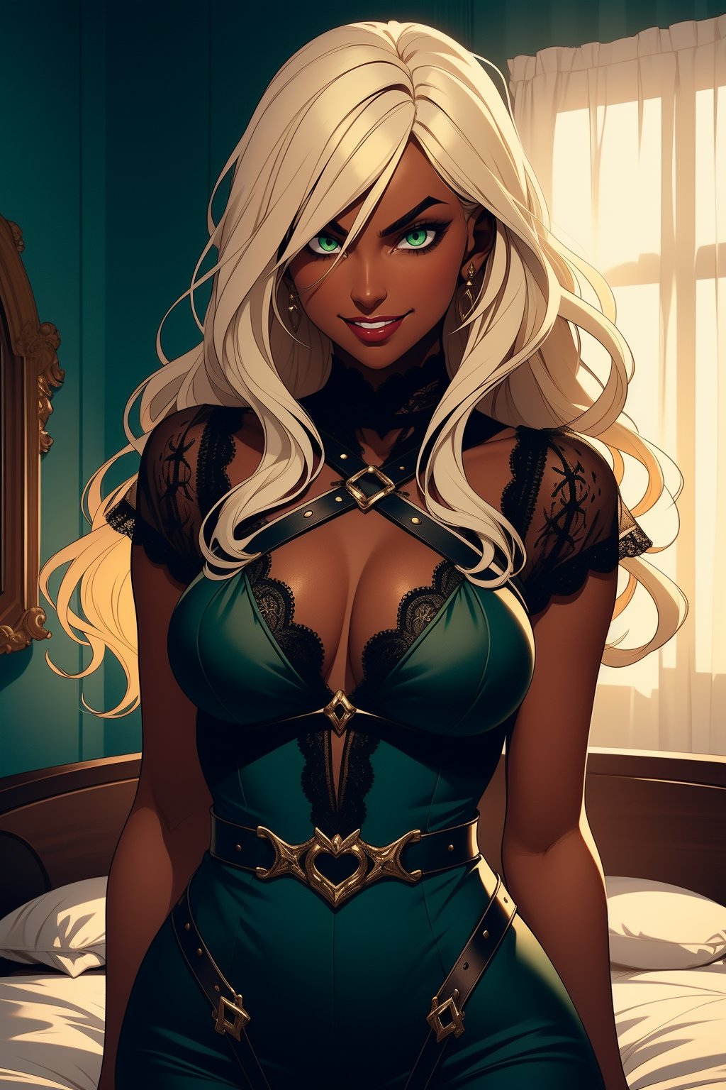 OC, female, dark tanned skin, blonde eyebrows, perfect face, long wavy light Ashe blonde hair with bang, light Green eyes, evil smile, glamorous, sweet aesthetic,  evil, harness and lace, on a bed, cute