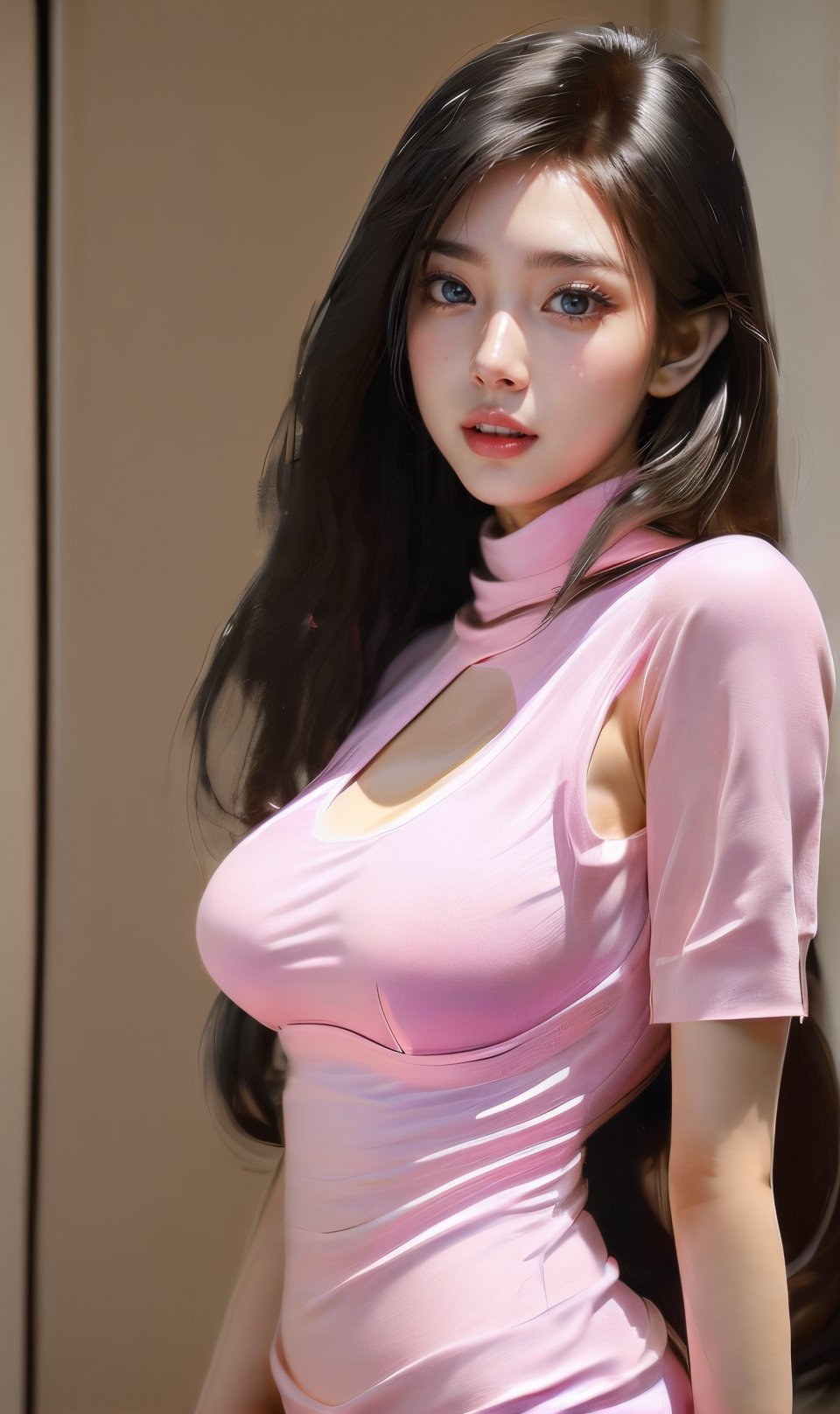 a asian beautiful woman,she has a slim body,she is going to work barely.big boobs long hair.pink lip