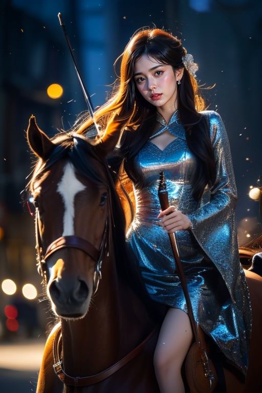 a young woman,looking at the camera, posing,ulzzang, streaming on twitch, character album cover,red moment,style of bokeh, witch dress, ,moody lighting,appropriate comparison of cold and warm, hair over one eye, bow on head, reality,idol,Beauty,beauty,Holding a Recurve Bow, riding a horse