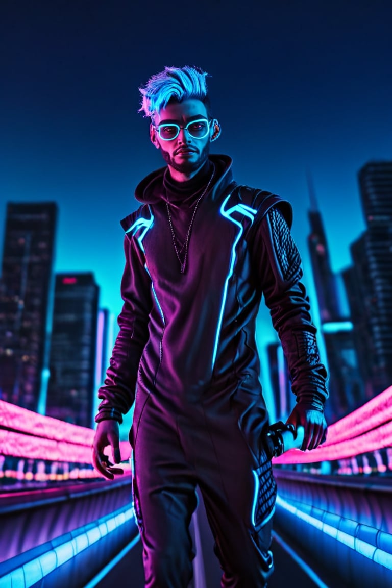 Santa Claus wearing a sleek cyberpunk ensemble, with neon accents and futuristic accessories, boldly stands atop a bustling digital highway. Behind him, a sprawling metropolis of the future emerges, casting a mesmerizing glow across the horizon. The photograph, taken from a low angle