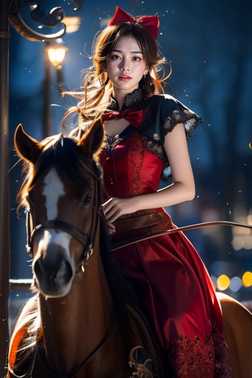 a young woman,looking at the camera, posing,ulzzang, streaming on twitch, character album cover,red moment,style of bokeh, witch dress, ,moody lighting,appropriate comparison of cold and warm, hair over one eye, bow on head, reality,idol,Beauty,beauty,Holding a Recurve Bow, riding a horse