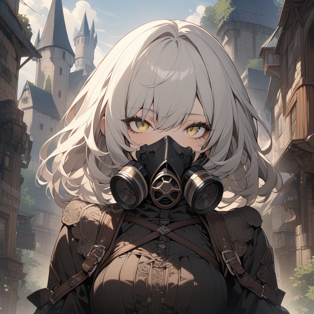 masterpiece, best quality, incredibly absurdress, highres, high detail eyes, high detail background, 1girl, casual outfit, outdoors, looking at viewer, medium hair, smile, close view, (Gothic style gas mask) ,silver hair,Wearing Medieval black Knight Armor, ,extremely detailed, 8k wallpaper, detailed and intricate, ,steampunk style,perfecteyes, Fantasy World,