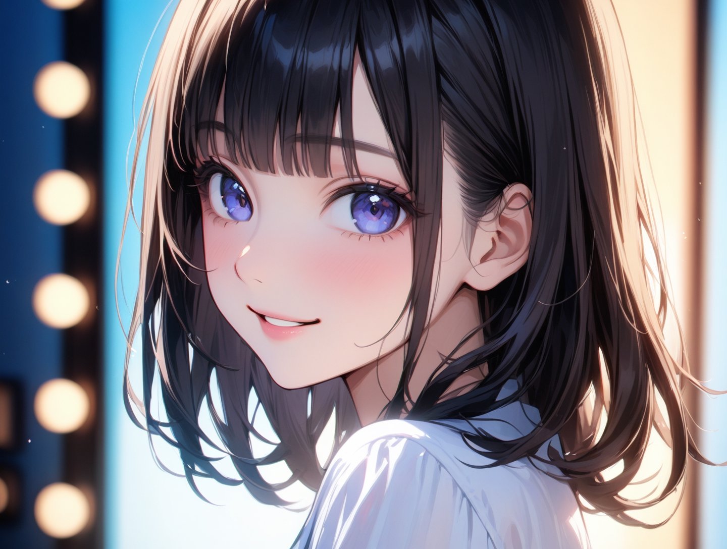 best quality, masterpiece,1girl, solo, smile,looking at viewer, bangs, blunt bangs, black hair, medium hair,standing, upper body, dress_shirt,,white dot shirts,sky,Cinematographic lighting, from side,cool girl,anime face, blue_sky background,