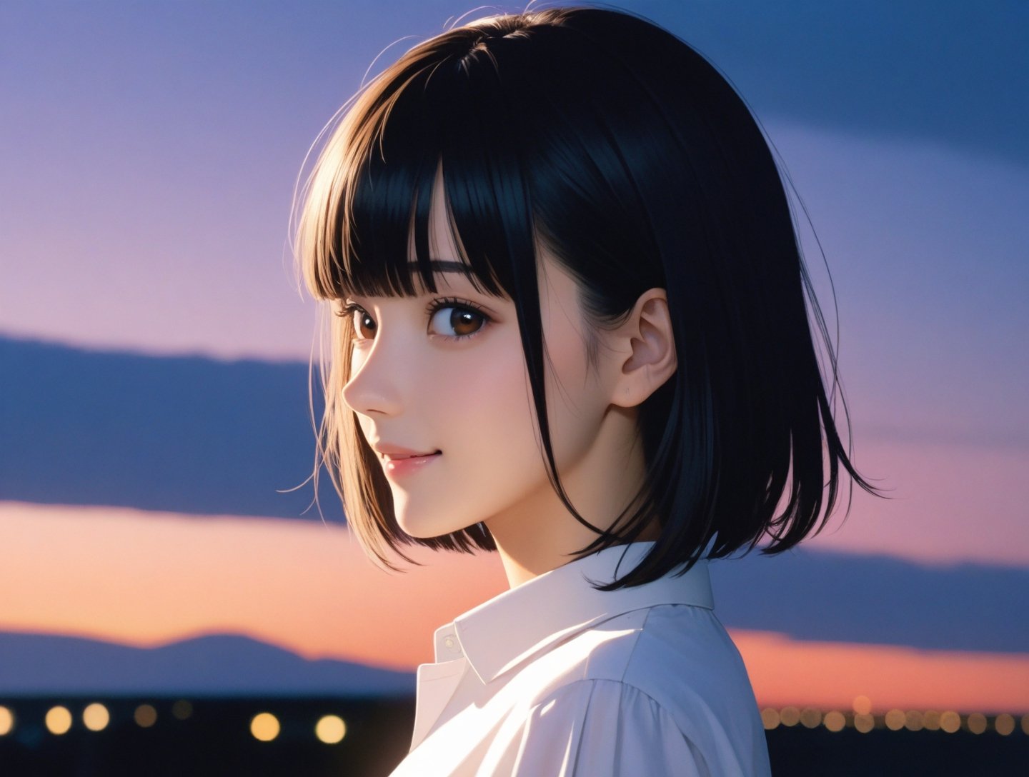 best quality, masterpiece,1girl, solo, smile,looking at viewer, bangs, blunt bangs, black hair, medium hair,standing, upper body, dress_shirt,,white dot shirts,sky,Cinematographic lighting, from side,cool girl,anime face,