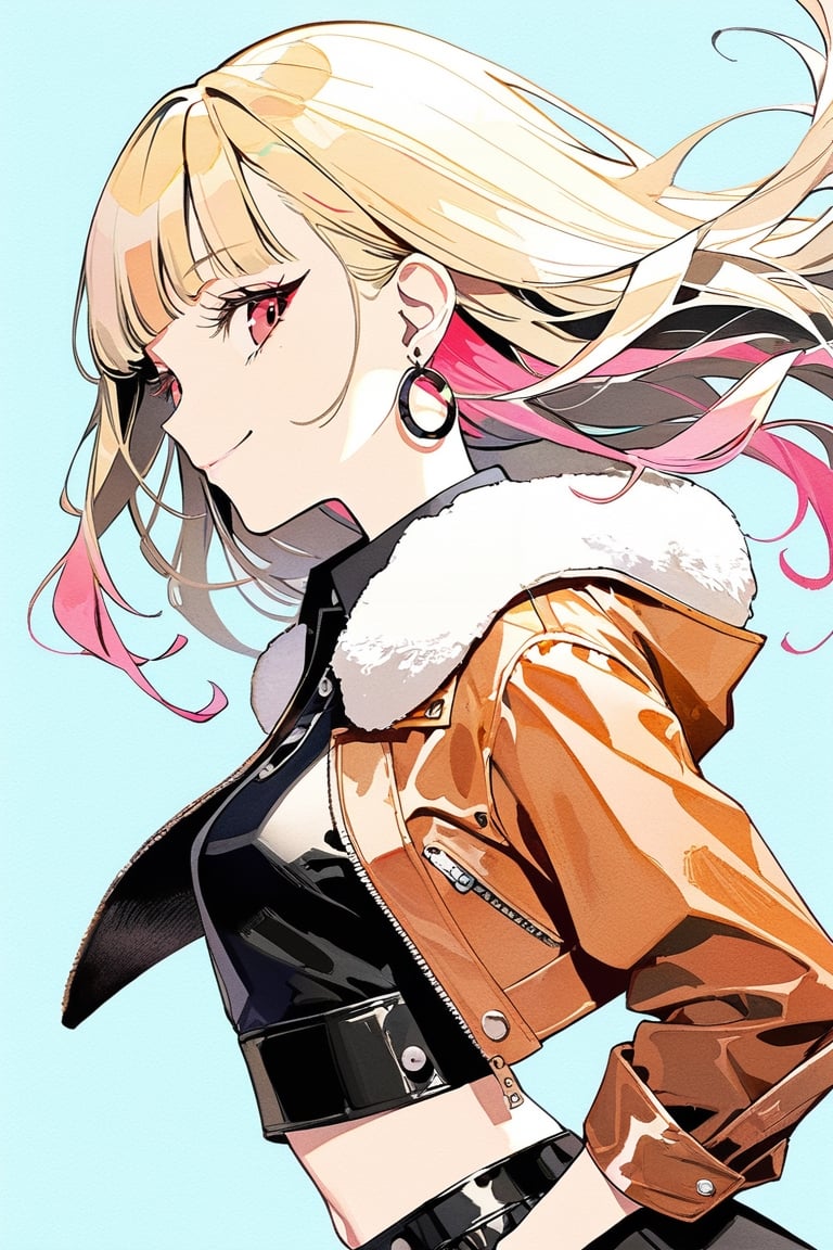 1girl, solo, long hair, looking at viewer, blonde hair,  pink hair, two-tone hair, multicolored hair, bangs, blunt bangs, brown eyes, pink eyes, thick eyelashes, eyeliner, smile, black crop tops, collared shirt , fur scarf,circle earring, leather jakets, midriff top, Short length midriff top, 
Picture a woman standing, stylish pose, full-length portrait with sleeves rolled up, from side view, blue background, 
cowboy_shot, master piece, best quality, outrageous, super detail, hyper detail, intricate detail, 