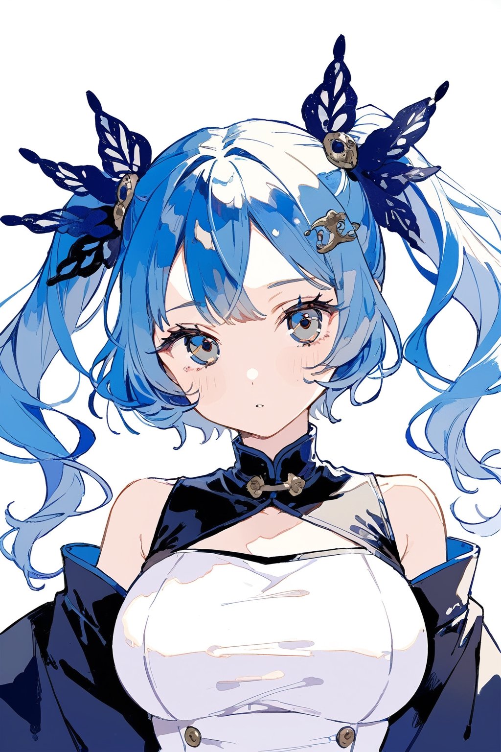 best quality, masterpiece, extremely detailed, midjourney, detailed eyes, 1girl, solo, looking at viewer, bangs, twin_tails are, two-tone-hair,blue hair,, brown eyes, masterpiece, best quality, aesthetic, chibi, perfect-composition, niji style,Illustration
1girl, (large breasts:1.1), (white and blue) race qreen uniform,  beautiful detailed eyes, big eyes, messy hair, (piture a girl, dressed in a (racequeen adorned with a gilter blue sky background), shiny hair, girl holding (big umbllra), (watercolor:0.6)