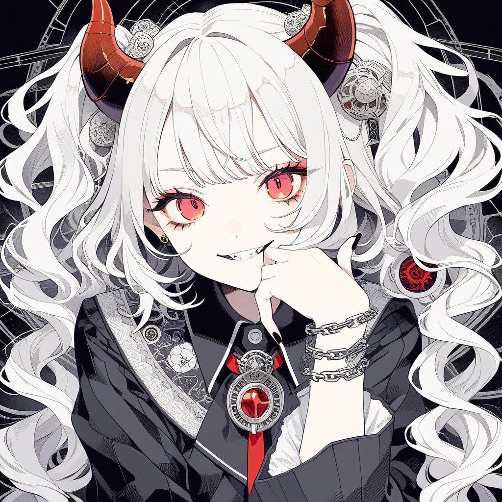 masterpiece, best quality, High detailed ,midjourney, incredibly detailed eyes, high detail background, 1girl, solo, looking at viewer, medium hair, silver hair, bangs, evil, wavy_hair, perfect eyes, (futuristic style),evil smile, bangs, hair ornament, red eyes, long sleeves, hair between eyes, twintails, horns, fang, wide sleeves, chain, fingernails, tattoo, black nails, head rest, tsurime, detailed and intricate, Fashion like school uniform, 