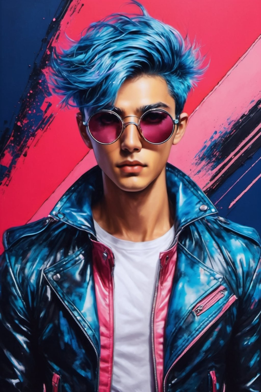 1handsomeboy,18 years old, looking at viewer, short hair,blue hair, jacket, upper body,  human_lip, black jacket, sunglasses, zipper, nose, round eyewear, leather, tinted eyewear, leather jacket, blue and pink art brush background