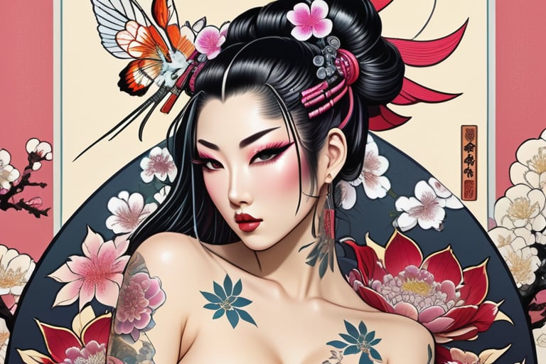 Digital Illustration: 'Sakura Seduction' In a provocative pose, our stylized female character, Rin, is adorned in elaborate floral-patterned lingerie, accentuated by vibrant tattoos that wrap around her curves. Bold makeup accents her eyes and lips, drawing attention to her enigmatic gaze. Against a backdrop of intricate floral designs and traditional Japanese motifs, blended with modern cyberpunk elements, Rin's sensual yet artistic presence commands attention. Bright, contrasting colors evoke the Pop Art aesthetic, as if she's stepping out of a futuristic anime poster. In this fusion of Kawaii and futuristic themes, Rin embodies the essence of Japanese contemporary art and Ukiyo-e, inviting the viewer to step into her mesmerizing world.,kabuki,Ukiyo-e,comic book, More Detail,vintage