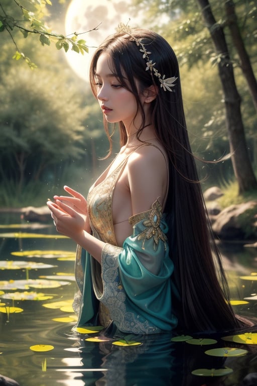 best quality,1girl,(hyperrealistic),professional photography,
japaness female,18 yo,light_red_hair,slim body,long hair,(small breasts),
from above,face focus,cinematic lighting,immersed in water,
The setting features an enchanted,moonlit forest with towering,ancient trees whose branches intertwine to form intricate,lace-like patterns against the night sky. In the foreground,a robed figure stands at the edge of a shimmering,ethereal pond,their hands raised as if in invocation. The middle ground includes a series of glowing,luminescent flowers and fantastical creatures such as ethereal butterflies and delicate,translucent spirits hovering above the pond. The background showcases a vast,starry sky with a full moon casting a silvery light over the entire scene,adding to the mystical atmosphere. Use a rich palette with deep,jewel-toned colors such as sapphire blue,emerald green,and amethyst purple,contrasted with luminous gold and silver accents to create a sense of otherworldly beauty. Employ smooth,flowing brushstrokes to capture the delicate,almost ethereal quality of the scene,emphasizing the intricate details of the flowers,trees,and mystical creatures. The lighting should be soft and mystical,with the moon casting a gentle,diffused glow that enhances the dreamlike atmosphere. Create varied textures to distinguish between different elements,such as the smooth,reflective surface of the pond,the rough,ancient bark of the trees,and the delicate,glowing petals of the flowers. Use a meticulous,detailed technique to convey the symbolic and fantastical nature of the scene,with a focus on creating a sense of mystery and enchantment. Employ a balanced composition with a mix of foreground and background elements,ensuring that the robed figure,pond,and forest work together harmoniously to create depth and interest. The painting should evoke a sense of wonder and introspection,with the mystical elements inviting the viewer to explore and interpret the symbolic landscape. The overall scene should capture the essence of the Symbolist style,with an emphasis on deep symbolism,emotional depth,and the blending of the mystical and the real. Every element should contribute to a harmonious and captivating composition,creating a painting that celebrates the mystical and symbolic beauty of an enchanted,moonlit forest.,
,girl,1 girl