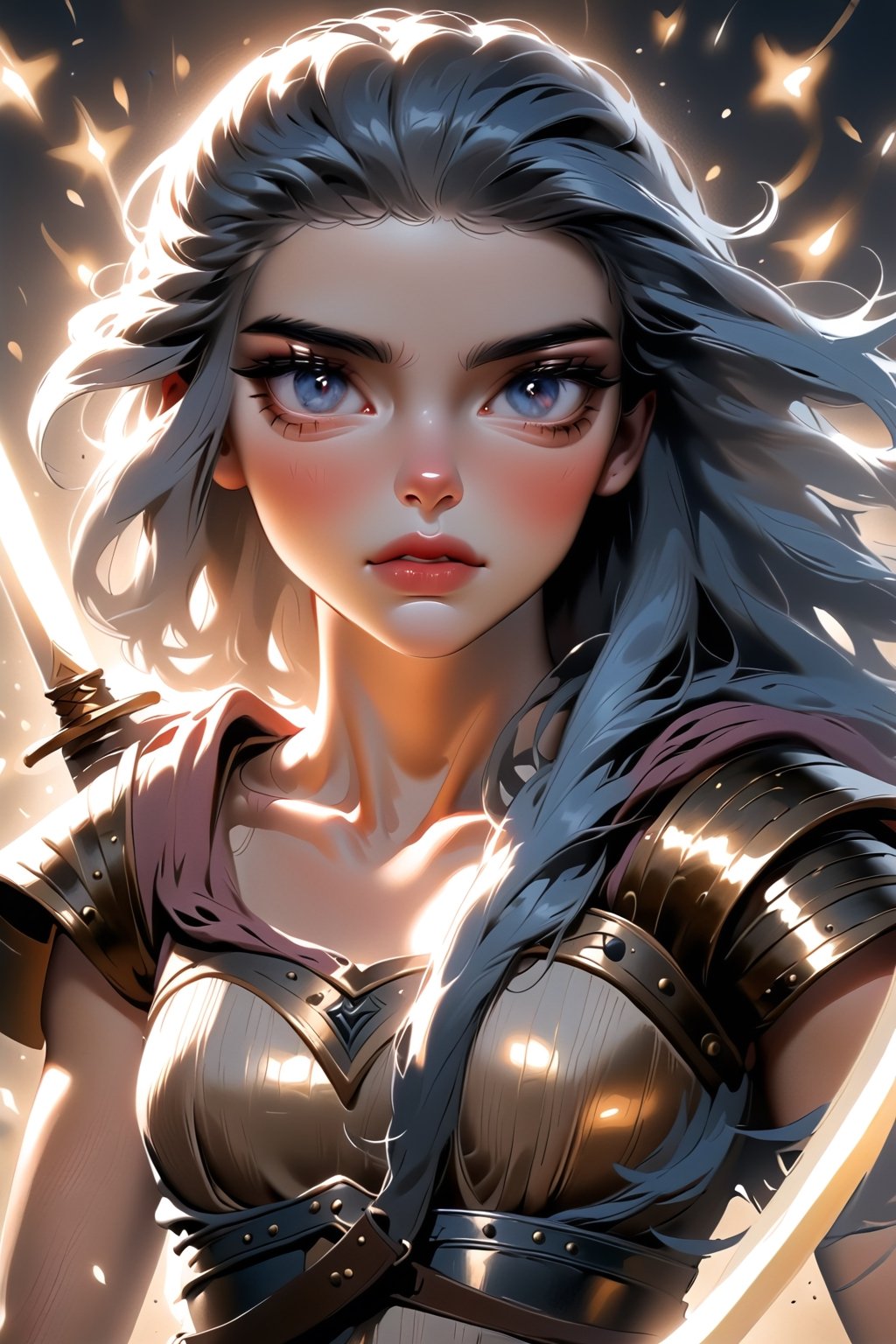 Style by NTY, ((1girl) (((Full body image, handsome (Xena is a warrior queen with long dark blue hair with golden strands), without her shirt, (holds a shakram in her hands, The girl stands on an empty battlefield, swords stuck into the ground around), realistic, wave hair, romantic expression, soft lighting, character design, oil painting))), beautiful eyes, high detail, ((clear face)), light falls on her face, (icinematic, inner glowing shining, transparent body, beautiful detailed eyes, beautiful detailed lips, soft ambient lighting, sublime beauty, sublime beauty, gentle mist, impeccable composition, vivid colors, luminous glow, fantasy element, mysterious charm, dreamlike quality, hauntingly beautiful, serene atmosphere, enchanting allure, cinematic), beautiful view, motion blur, brushstrokes, concept art, beautiful, masterpiece, 8k, fractral neon, soft style, soft background, soft blurry brushstroke, airbrushing, pastel painting, eye contact, LED star, (dinamic pose, cinematic, ((fantasy creature, beautiful view, motion blur, brushstrokes, concept art))) K-Eyes, NIJI STYLE,K-Eyes