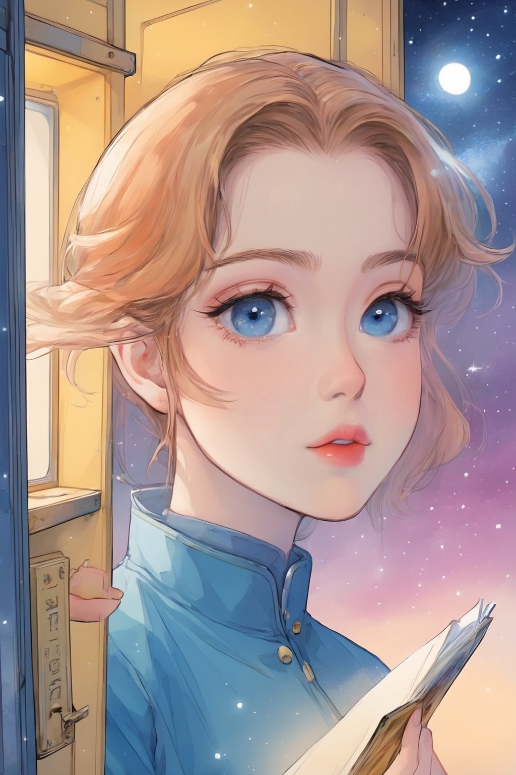 letterbox, portrait closeup, open mouth, starry sky, solo, blue eyes, 1girl, sky, (masterpiece, detailed, highres:1.4), capturing the quiet beauty and soothing essence of a woman in a whimsical, pastel watercolor world, amano yoshitaka,K-Eyes,comic book