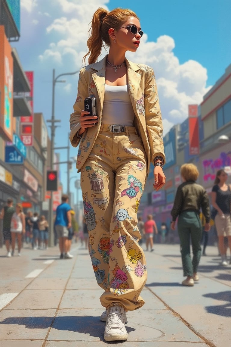 hntdlnwrk style, aesthetic, mad-vprwv cyberpunk woman, 

a woman is walking on a sidewalk, wearing a beige blazer and pants adorned with a variety of drawings. She is holding a cell phone in her right hand, and her left hand is resting on her hip. Her hair is pulled back in a ponytail, and she is wearing a necklace around her neck. The background is blurred, and a few people can be seen in the distance. The background is a mix of blue, pink, and white clouds. 

neon,  vaporwave.

art, colored pencil, sketch, painting, paper texture,art_solyanka,SKP-highly detailed,SamYoung_Illustration