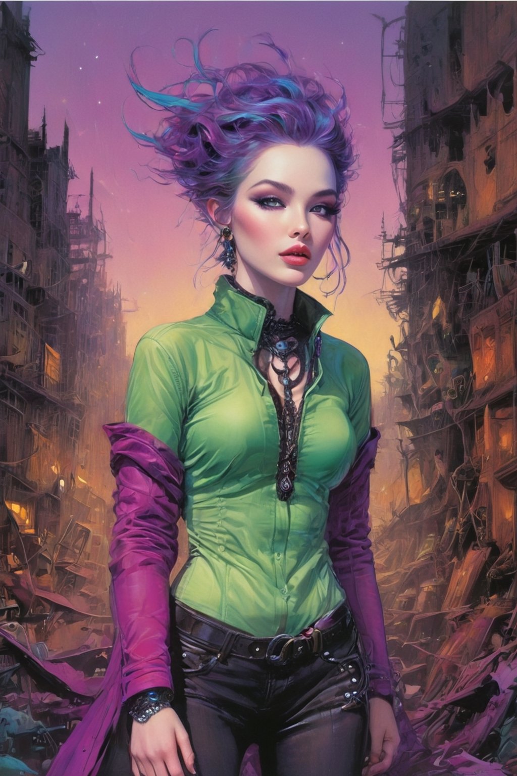 1girl, elven features, braid hairstyle, pale green eyes, purple hair with white inclusion, sexual casual outfit, semirealism, detailed clothes, detailed jewerly, city background, elven style tattoo, dark black soft palette, flat lighting, full body portrayal, punk attitude, toxic palette, messy hairstyle, merge vibrant of pop art style and gloominess of gothic style, intricate detail, dark comedy embience, K-Eyes, digital artwork by Beksinski, PastelPunk