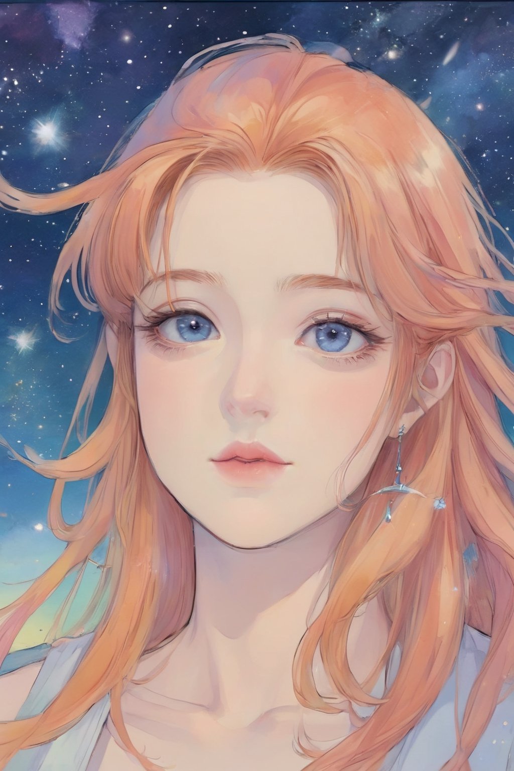 letterbox, portrait closeup, open mouth, starry sky, solo, blue eyes, 1girl, sky, (masterpiece, detailed, highres:1.4), capturing the quiet beauty and soothing essence of a woman in a whimsical, pastel watercolor world, amano yoshitaka,K-Eyes,comic book,cammystretch