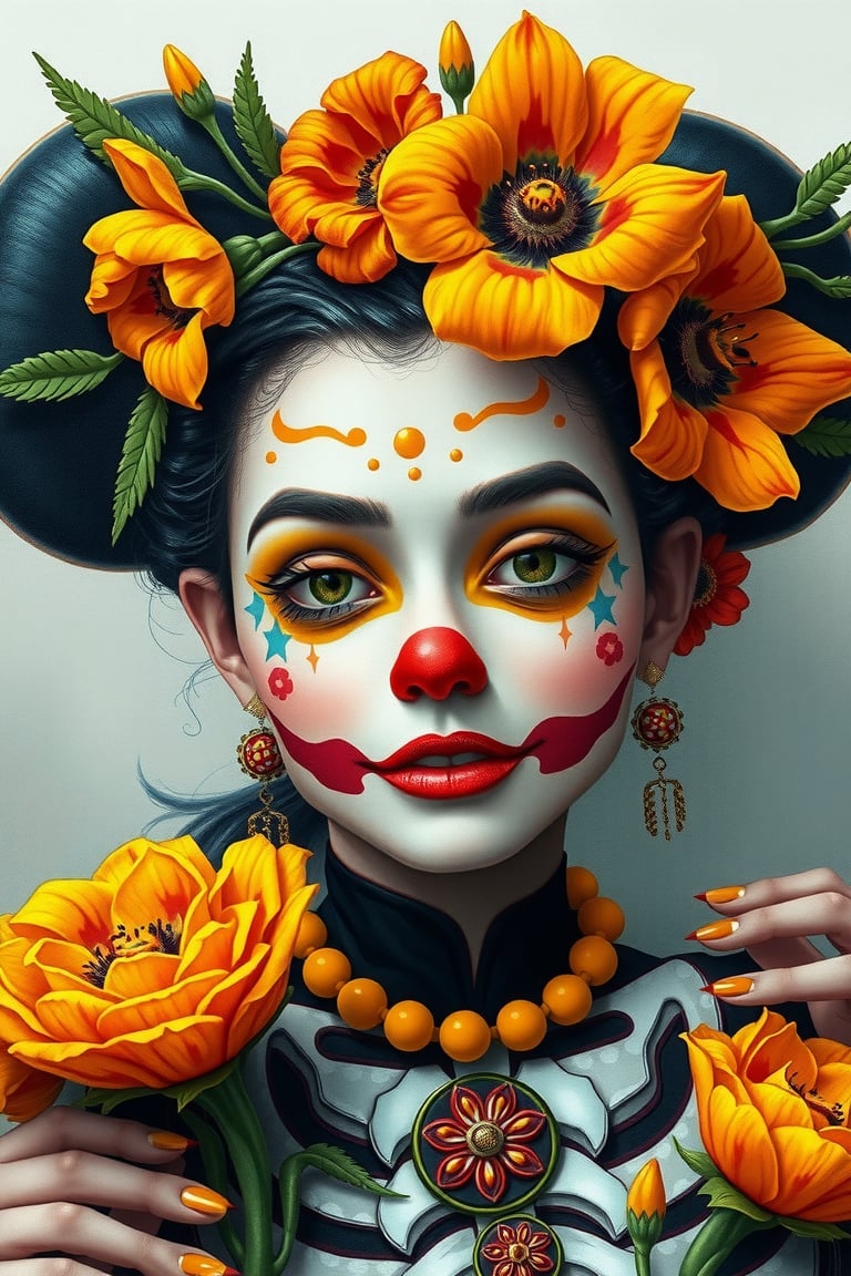 of a very beautiful young woman Minnie Mouse with yellow, orange flowers in her hair, by Dave Arredondo, gothic art, Minnie Mouse, beautiful art uhd 8 k, skeleton girl, character design contest winner, Frida, rossdraws and jazza, high detail picture, clown girl, she is Mexican, style by Tom Bagshaw, beautiful mouse - girl,

art_solyanka,ART_painting,colored pencil,sketch,watercolor paper,paper texture, watercolor