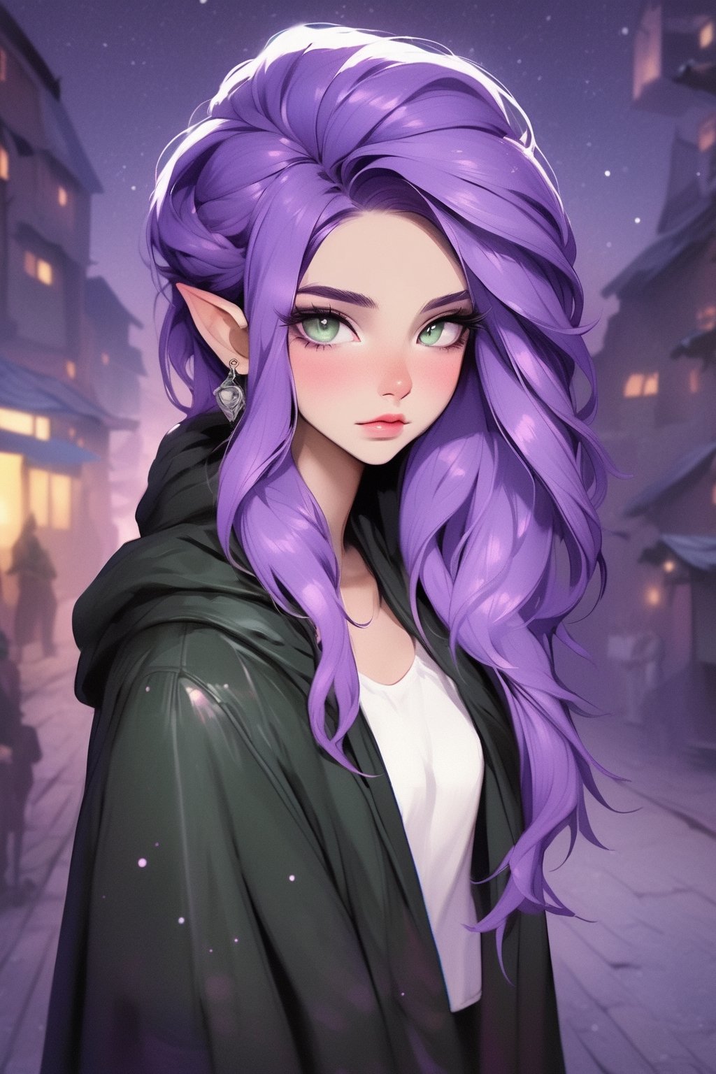 1girl, elven features, braid hairstyle, pale green eyes, purple hair with white inclusion, sexual casual outfit, semirealism, detailed clothes, detailed jewerly, city background, elven style tattoo, dark black soft palette, flat lighting, full body portrayal,Comic Book-Style,more saturation ,K-Eyes