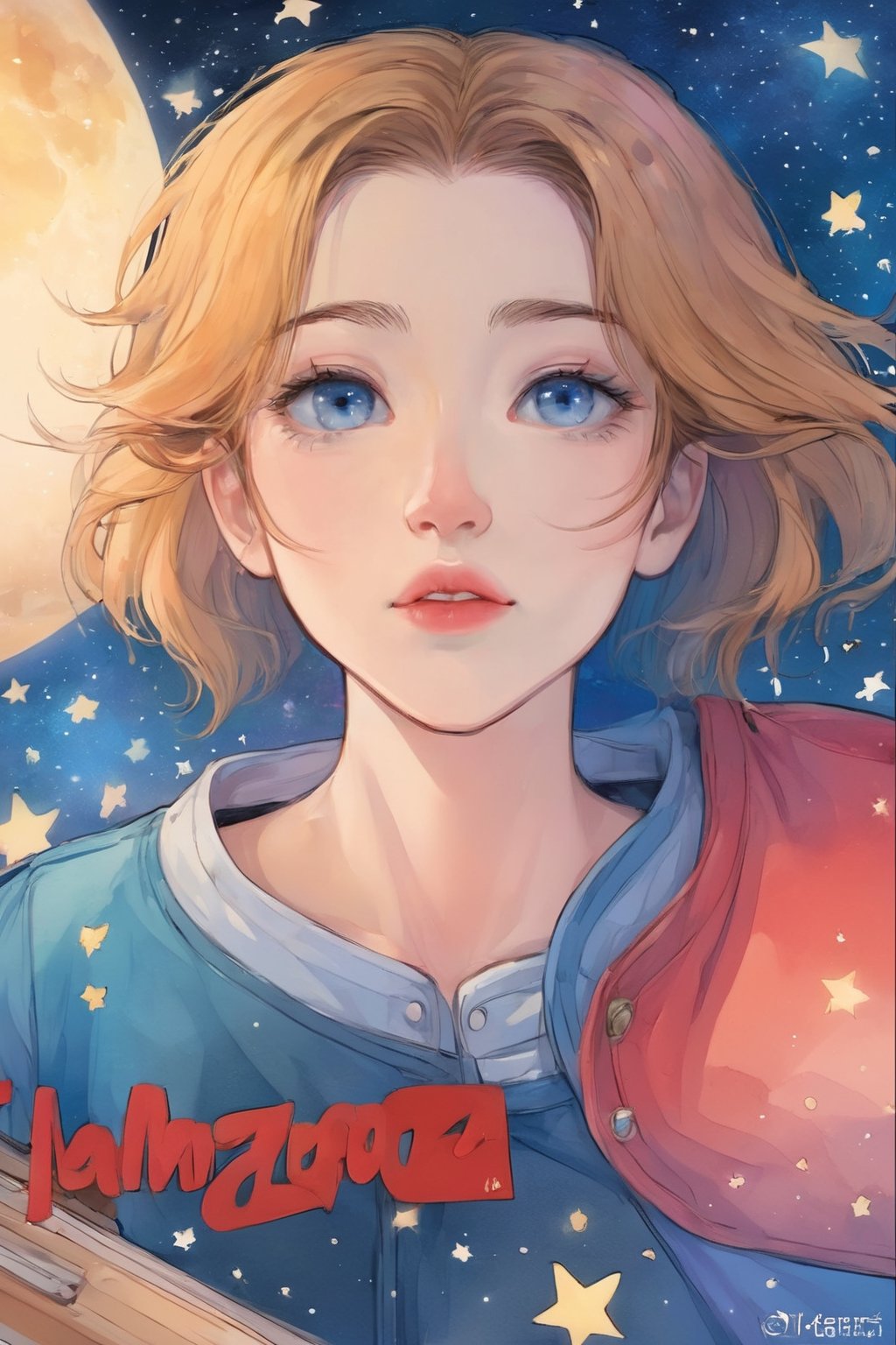 letterbox, portrait closeup, open mouth, starry sky, solo, blue eyes, 1girl, sky, (masterpiece, detailed, highres:1.4), capturing the quiet beauty and soothing essence of a woman in a whimsical, pastel watercolor world, amano yoshitaka,K-Eyes,comic book