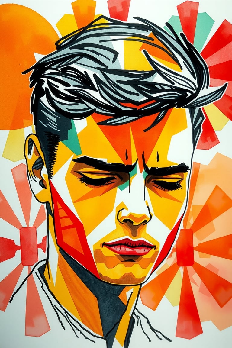 surreal portrait of a handsome young man made in watercolor, large bright blurred watercolor geometric shapes (orange, red, green) in the foreground portrait of a young man in black marker, his sad face, with half-closed eyes, long thick eyelashes, thin lips with corners down, masterpiece, modern art, abstraction.

art_solyanka,ART_painting,colored pencil,sketch,watercolor paper,paper texture, watercolor