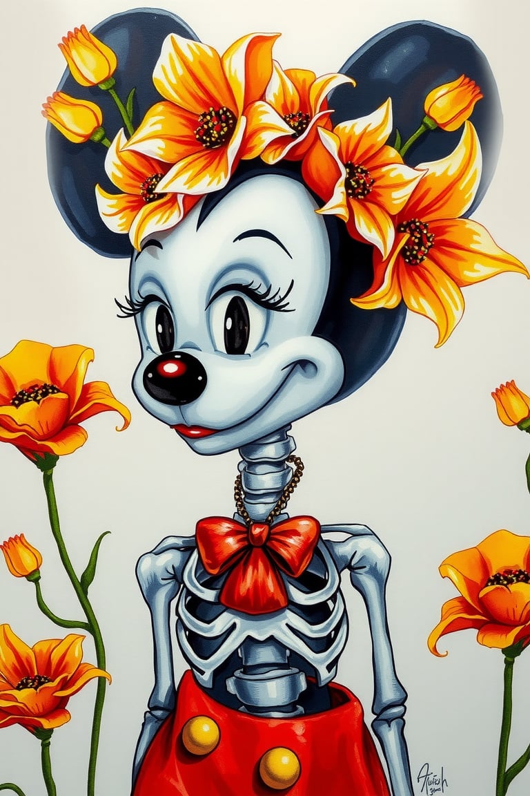 of a very beautiful young woman Minnie Mouse with yellow, orange flowers in her hair, by Dave Arredondo, gothic art, Minnie Mouse, beautiful art uhd 8 k, skeleton girl, character design contest winner, Frida, rossdraws and jazza, high detail picture, clown girl, she is Mexican, style by Tom Bagshaw, beautiful mouse - girl,

art_solyanka,ART_painting,colored pencil,sketch,watercolor paper,paper texture, watercolor