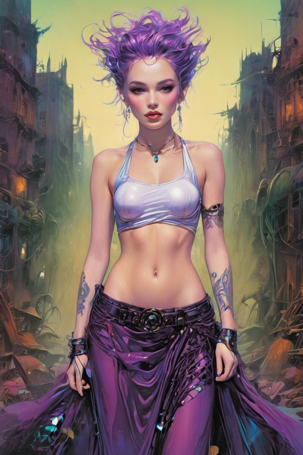 1girl, elven features, braid hairstyle, pale green eyes, purple hair with white inclusion, sexual casual outfit, semirealism, detailed clothes, detailed jewerly, city background, elven style tattoo, dark black soft palette, flat lighting, full body portrayal, punk attitude, toxic palette, messy hairstyle, merge vibrant of pop art style and gloominess of gothic style, intricate detail, dark comedy embience, K-Eyes, digital artwork by Beksinski, PastelPunk