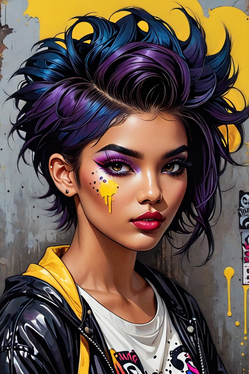 tomboy girl, punk attitude, toxic palette, messy hairstyle, merge vibrant of pop art style and gloominess of gothic style, intricate detail, dark comedy embience,TechStreetwear,Vitiligo,NIJI STYLE,K-Eyes,comic book