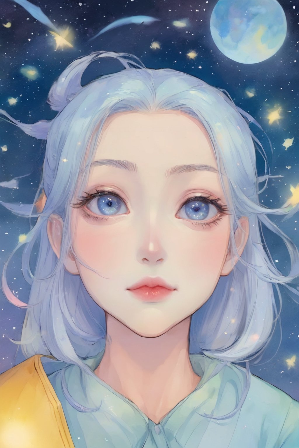 letterbox, portrait closeup, open mouth, starry sky, solo, blue eyes, 1girl, sky, (masterpiece, detailed, highres:1.4), capturing the quiet beauty and soothing essence of a woman in a whimsical, pastel watercolor world, amano yoshitaka,K-Eyes,comic book,cammystretch